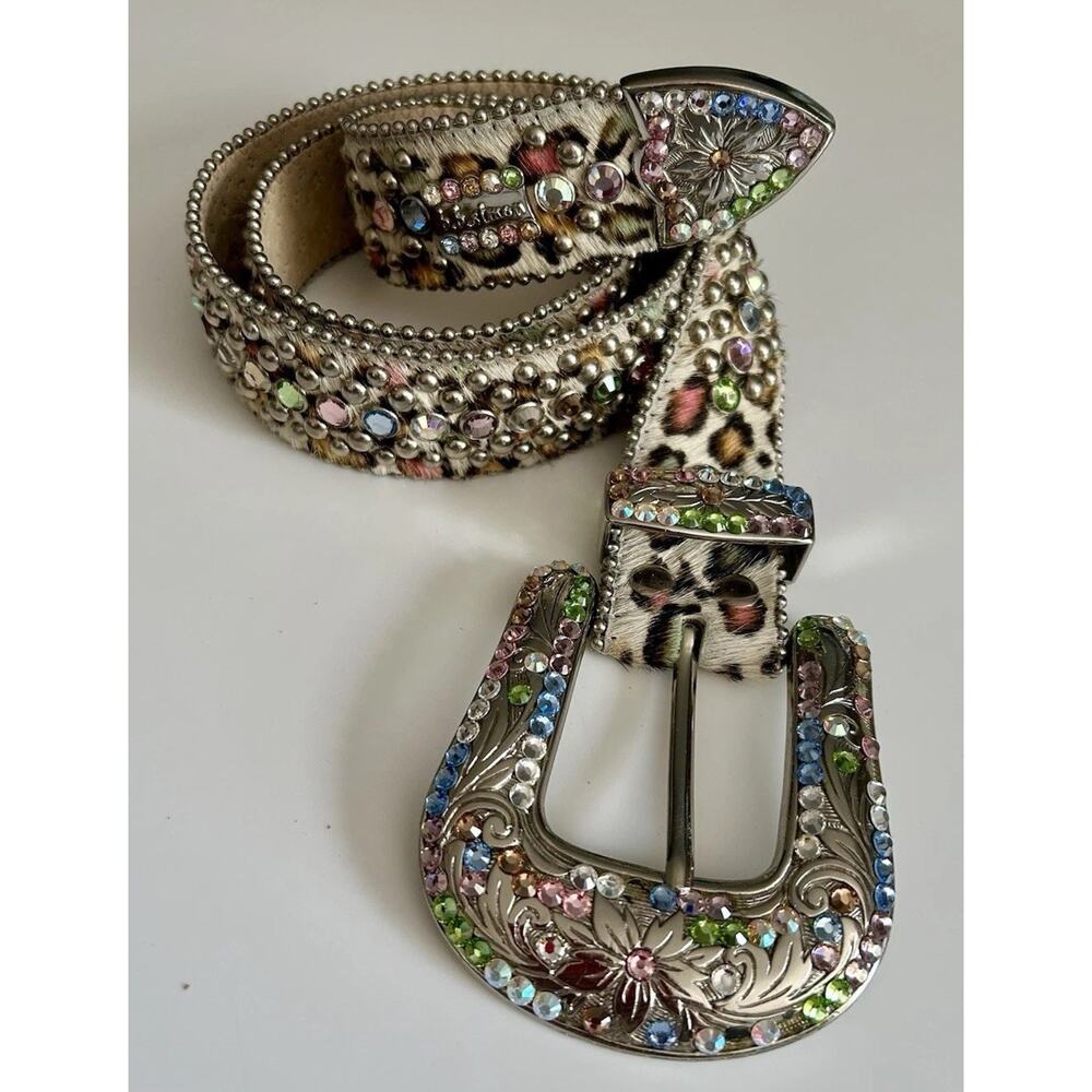 B.B. Simon XL Leopard Pony Hair Belt Swarovski Western Y2K McBling 1857 A12
